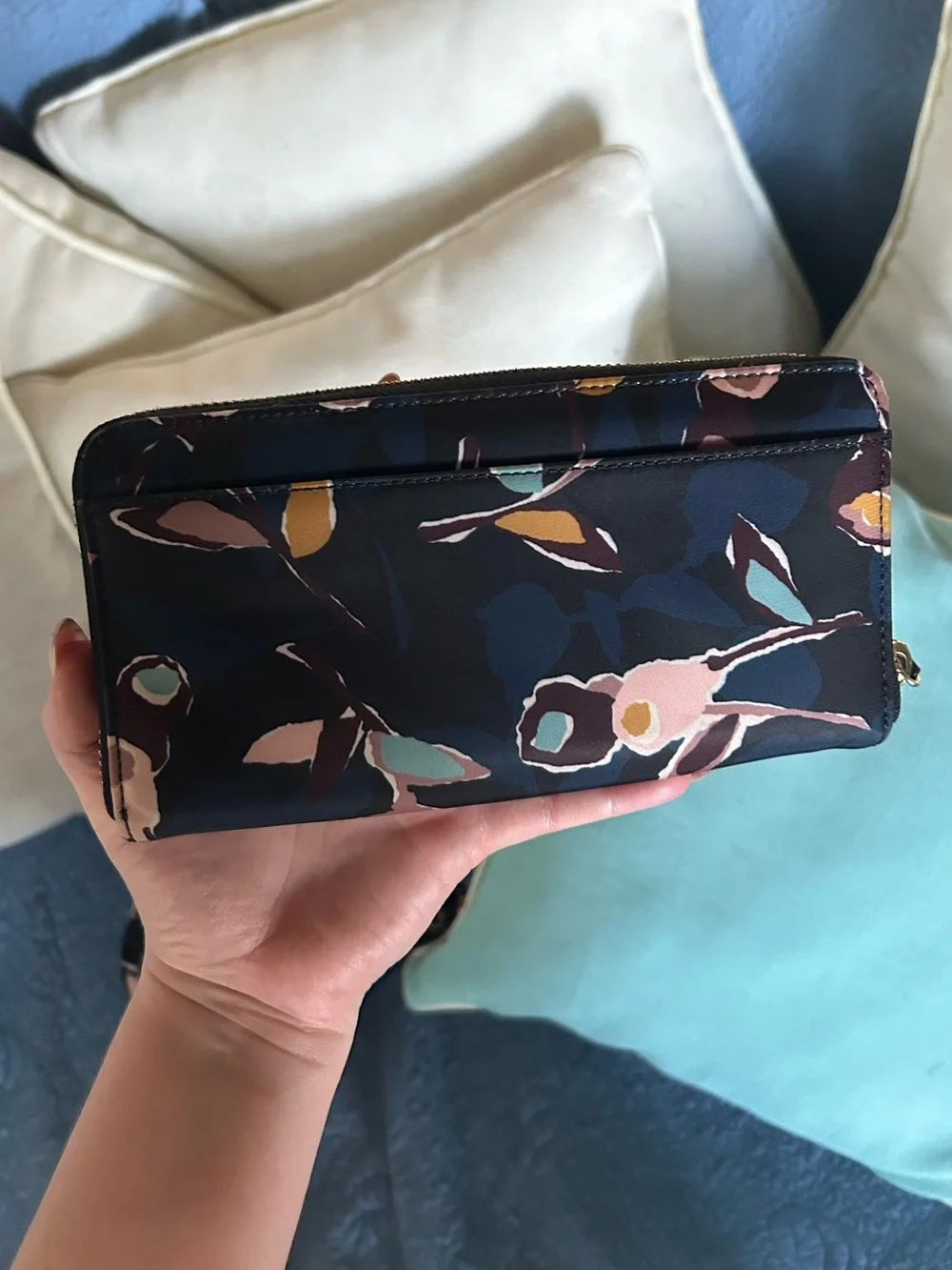 Kate Spade Navy Floral Nylon Zip Around Wallet & Cosmetic Case BUNDLE